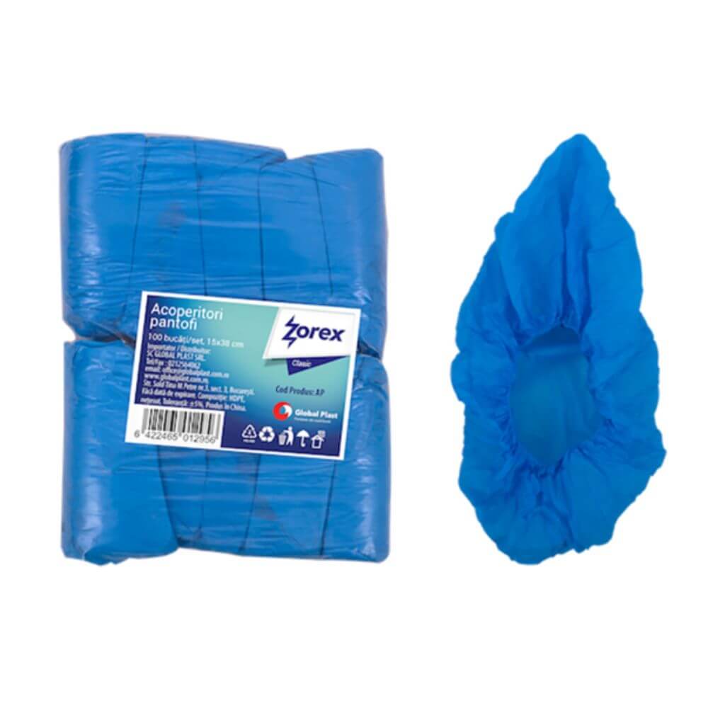 Set 100 Acoperitori Pantofi de Unica Folosinta din Plastic Zorex Clasic, 15x38 cm, Culoare Albastra