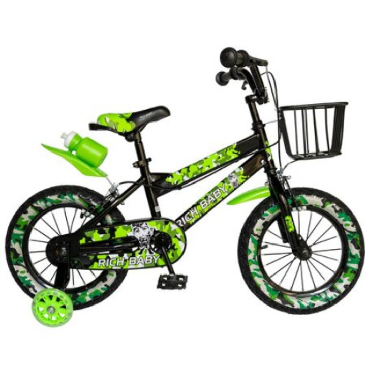 Bicicleta 14" Go Kart pentru baieti 3-5 ani,roti ajutatoare din silicon ,cosulet metalic ,suport si bidon apa ,negru /verde