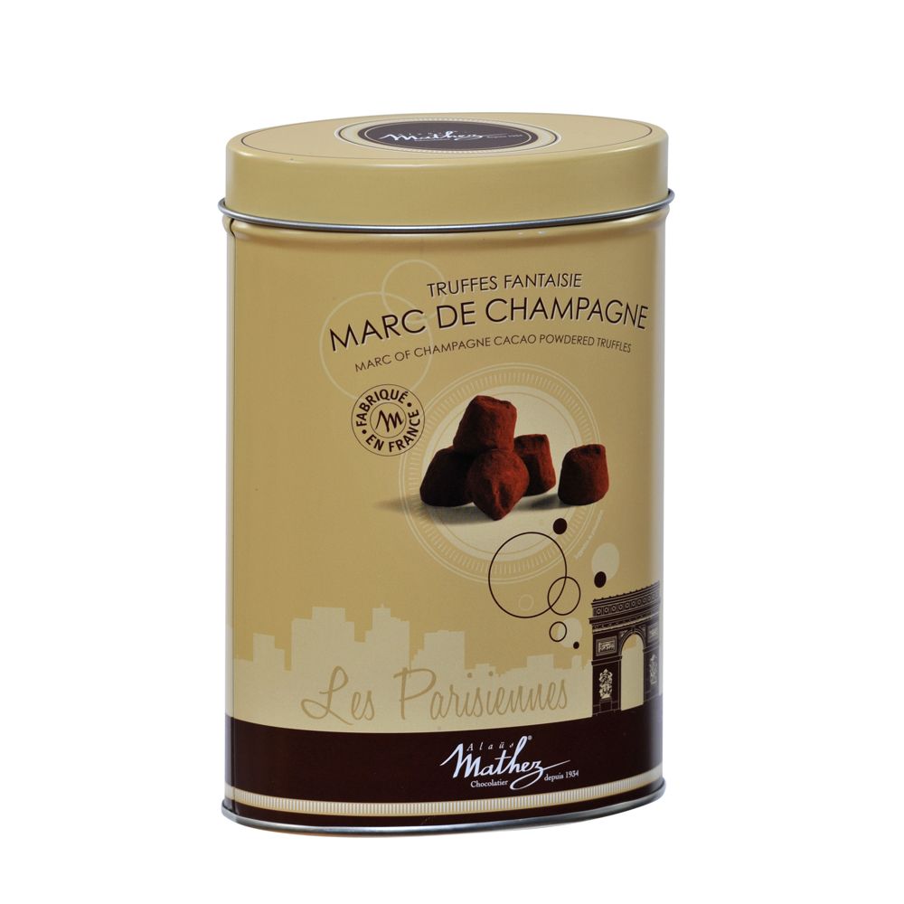 Trufe de ciocolata in cutie metalica cu sampanie Mathez Les Parisiennes 200g