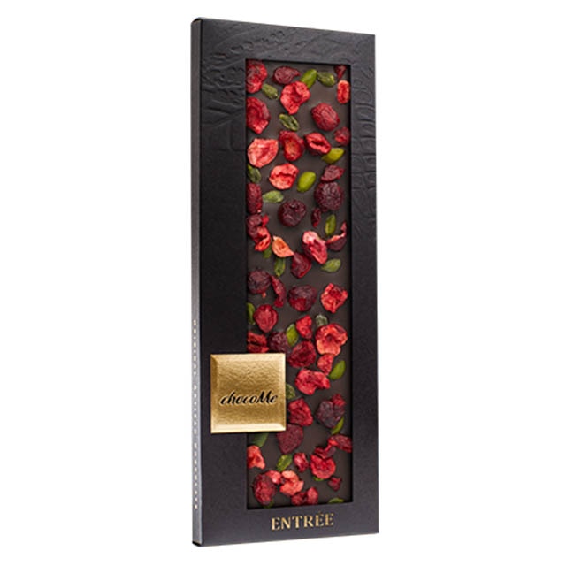 Tableta de ciocolata artizanala neagra chocoMe cu fistic si visine 110g