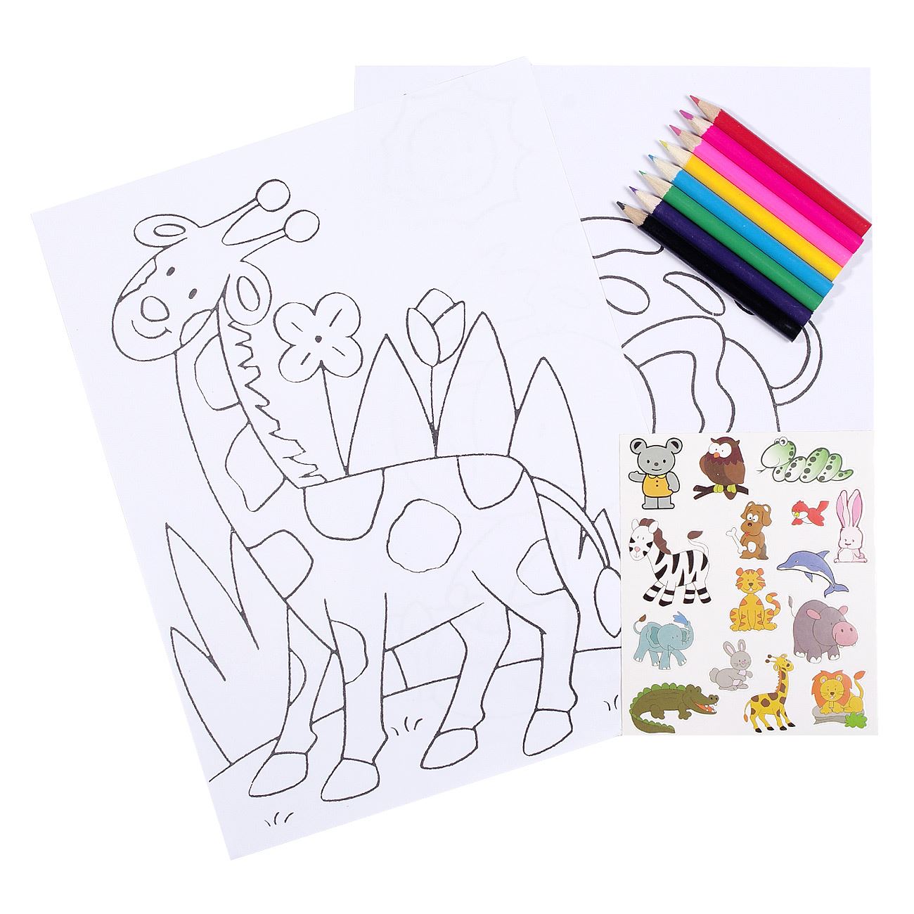 Set creativ, Zola®, pentru copii, planse de colorat cu animale, creioane si autocolante