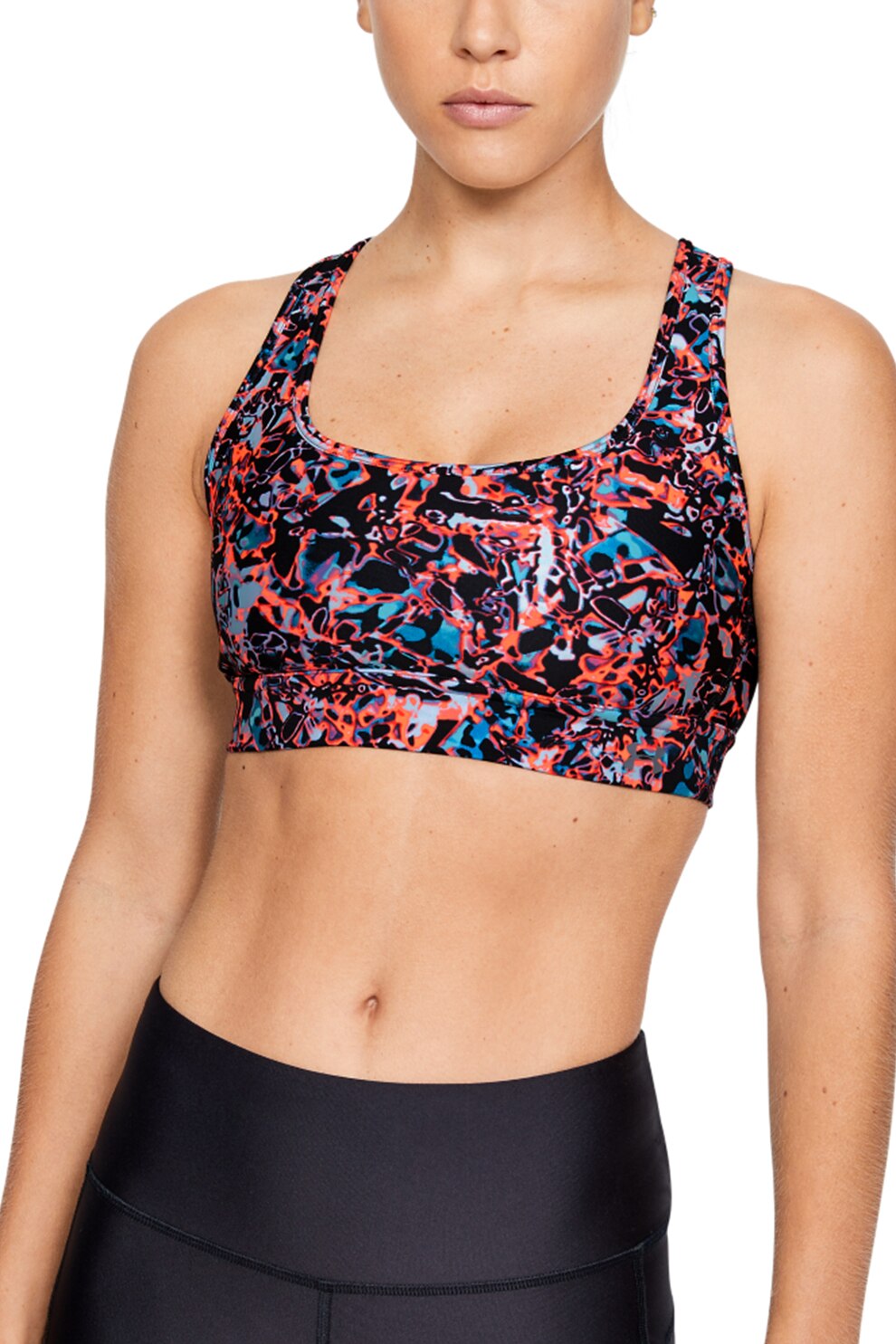 Under Armour, Bustiera de compresie cu imprimeu si bretele incrucisate pe partea din spate, pentru antrenament, Multicolora