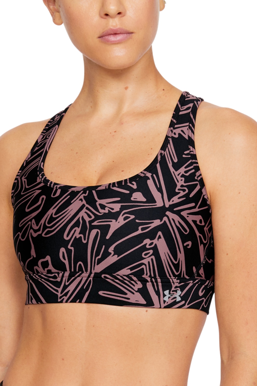 Under Armour, Bustiera de compresie cu imprimeu si bretele incrucisate pe partea din spate, pentru antrenament, Negru/Lila prafuit