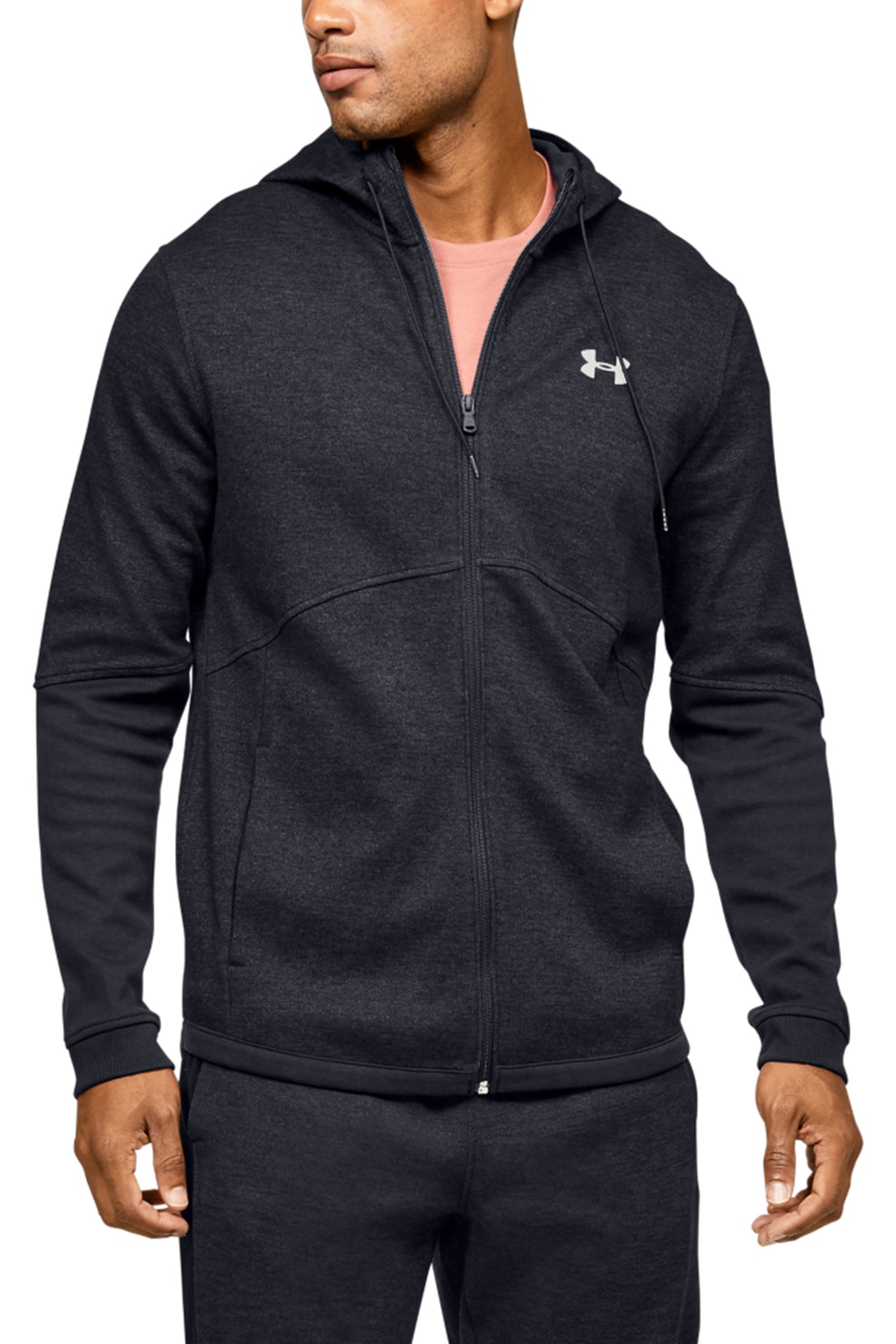 Under Armour, Hanorac elastic cu fermoar, pentru antrenament Double Knit, Negru