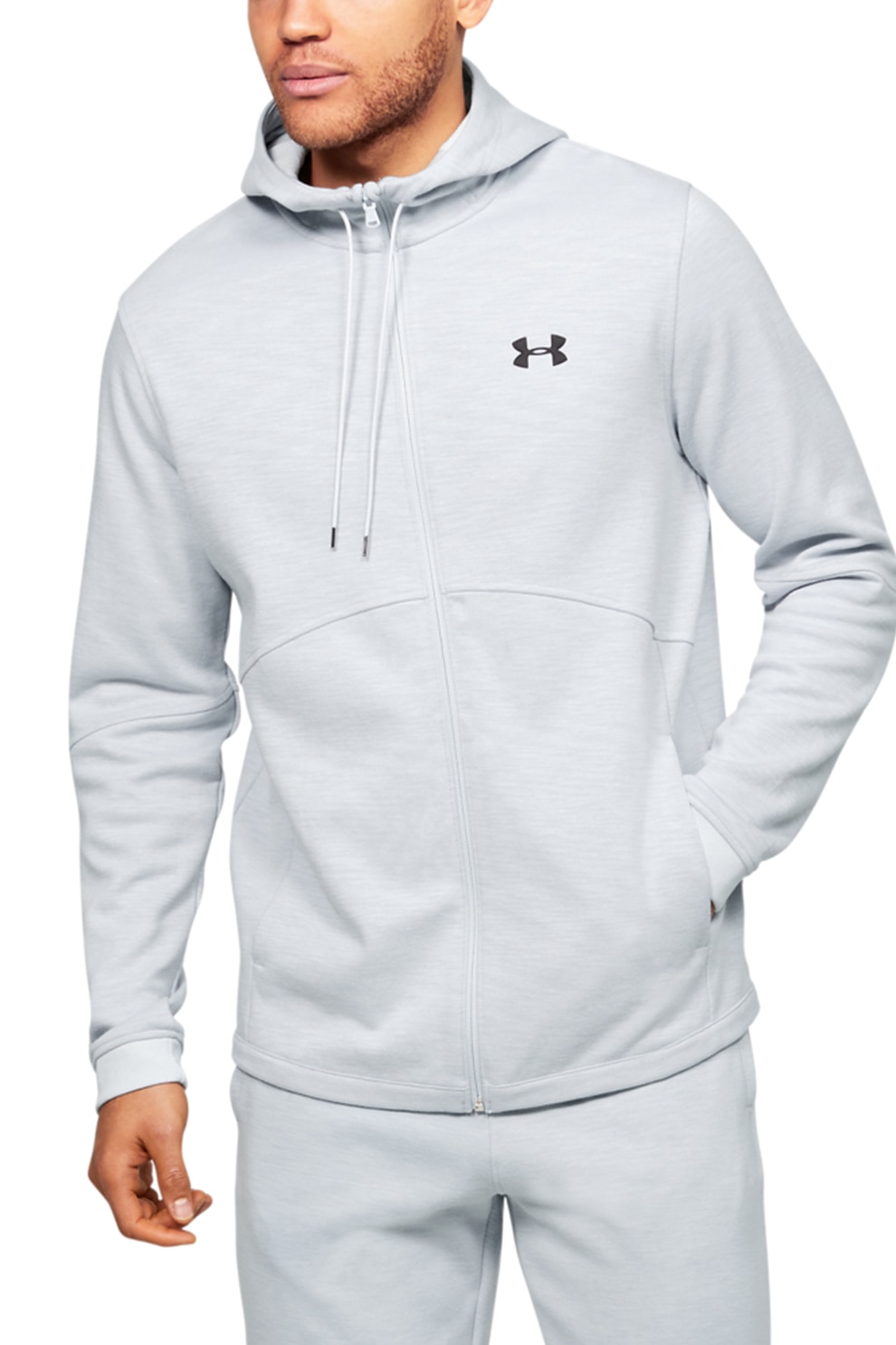 Under Armour, Hanorac elastic cu fermoar, pentru antrenament Double Knit, Gri deschis