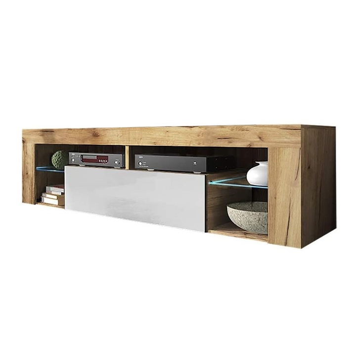 Comoda TV, SELSEY POLSKA, Bianko, PAL, Maro/Alb, Banda Led, 140 x 35 x 50.5 cm