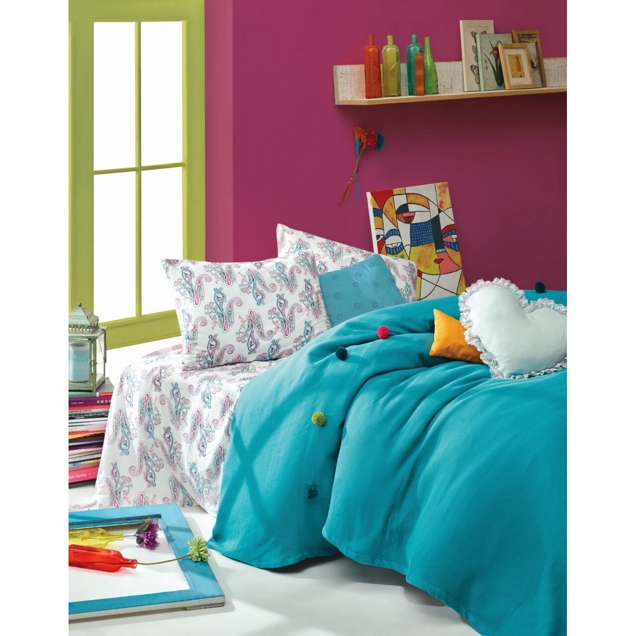 Lenjerie de pat si cuvertura dubla,100% bumbac ranforce, Cotton Box, Fancy, Turquoise