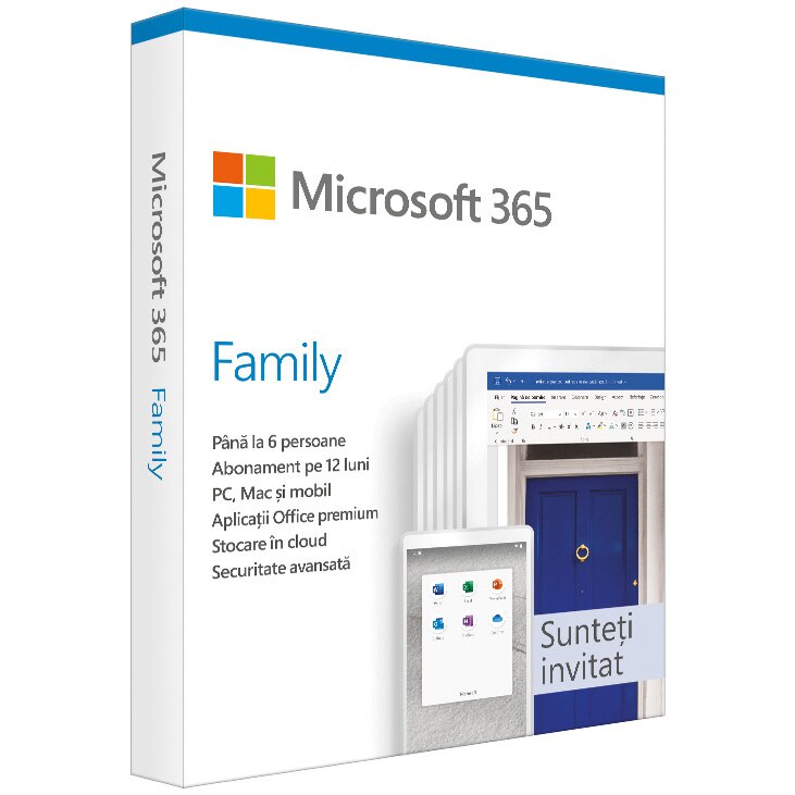 Microsoft 365 Family, Romana, Subscriptie 1 an, 6 utilizatori, Medialess Retail