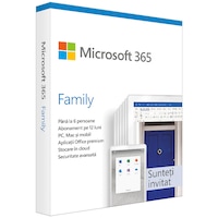 Microsoft 365 Family, Romana, Subscriptie 1 an, 6 utilizatori, Medialess Retail