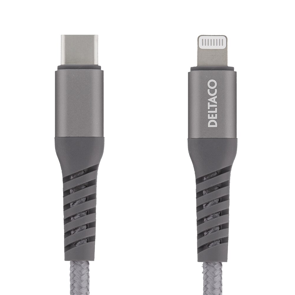 Cablu impletit 1m DELTACO Lightning la USB-C, 9V/2A PD, 5V/3A PD, 5V/2.4A, USB 2.0, gri