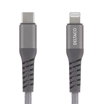 Cablu impletit 1m DELTACO Lightning la USB-C, 9V/2A PD, 5V/3A PD, 5V/2.4A, USB 2.0, gri Cablu impletit 1m DELTACO Lightning la USB-C, 9V/2A PD, 5V/3A PD, 5V/2.4A, USB 2.0, gri
