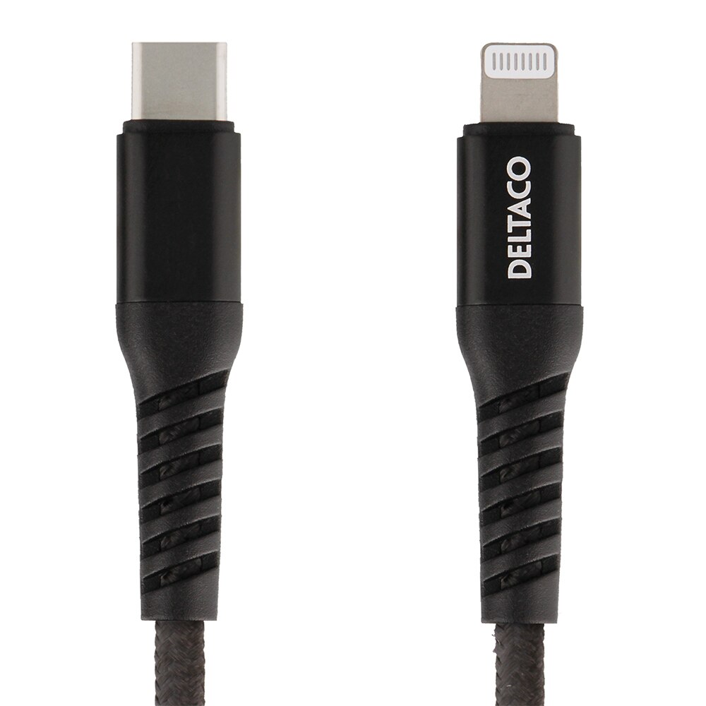 Cablu impletit 1m DELTACO Lightning la USB-C, 9V/2A PD, 5V/3A PD, 5V/2.4A, USB 2.0, negru
