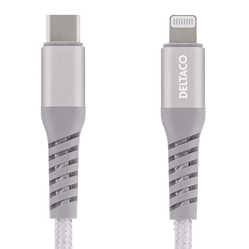 Cablu impletit 1m DELTACO Lightning la USB-C, 9V/2A PD, 5V/3A PD, 5V/2.4A, USB 2.0, argintiu