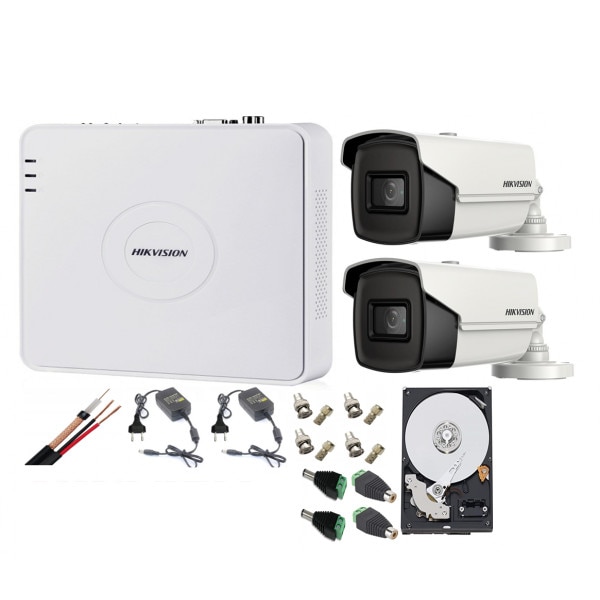 Kit supraveghere ultraprofesional Hikvision 2 camere 8MP 4K, 80 IR, DVR 4 canale, accesorii incluse si HDD