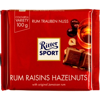 Ciocolata Ritter cu rom, alune si stafide, 100 gr. Ciocolata Ritter cu rom, alune si stafide, 100 gr.