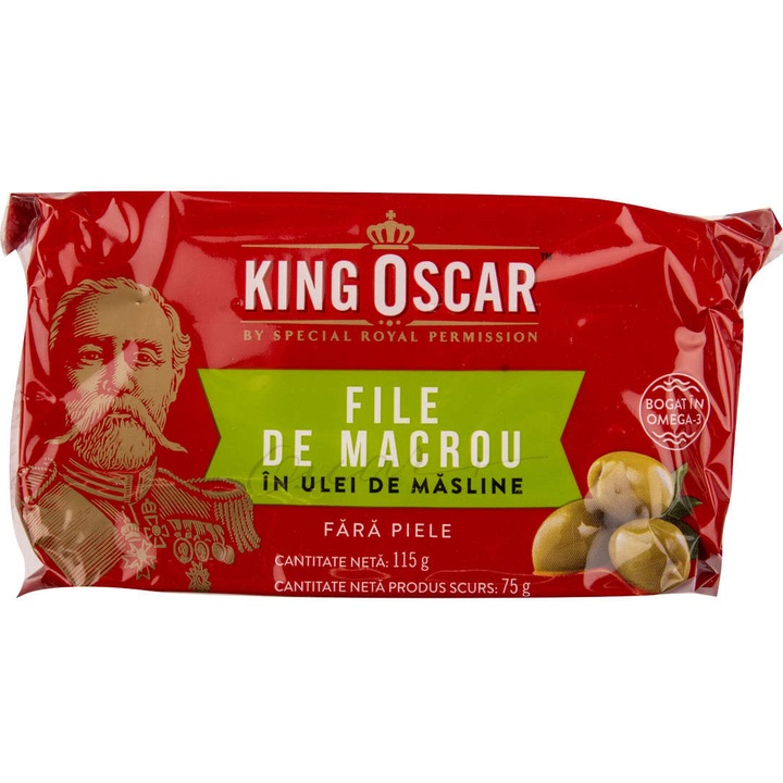 Macrou file fara piele in ulei de masline King Oscar, 115 gr.