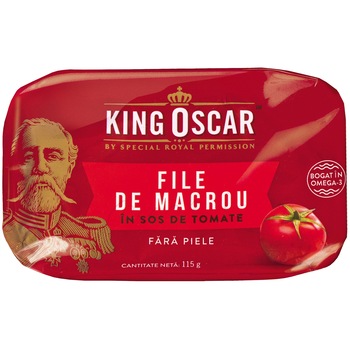 Macrou file fara piele in sos tomat King Oscar, 115 gr.