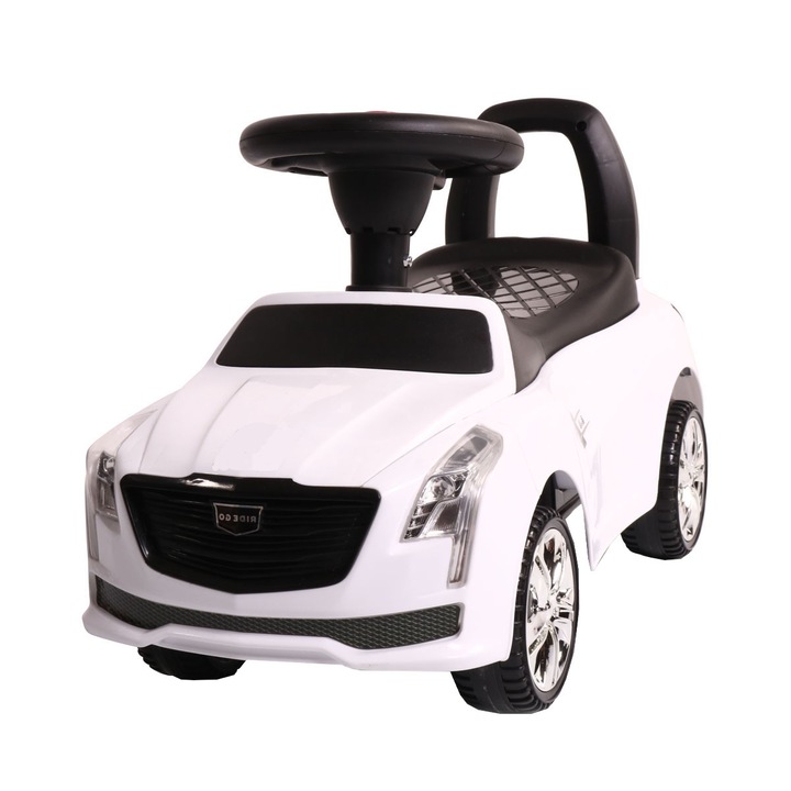 Masinuta cu functie de trotineta fara pedale NOVOKIDS™ Leopard Ride&Go, Cu melodii si sunete, maxim 25 kg, Pentru interior si exterior, Model Premium, Alb