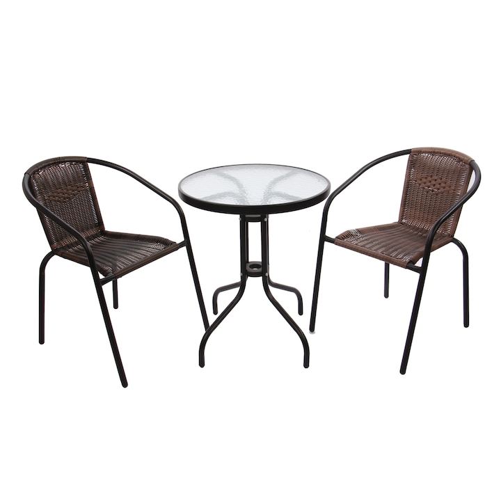 Set masa rotunda, cu 2 scaune, pentru gradina Bistro, din metal cu ratan sintetic, 60 x 70 cm