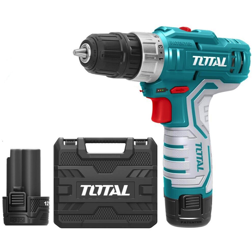 Masina de gaurit Total, 1350 rpm, 20 Nm, mandrina 10 mm, 2 acumulatori inclusi