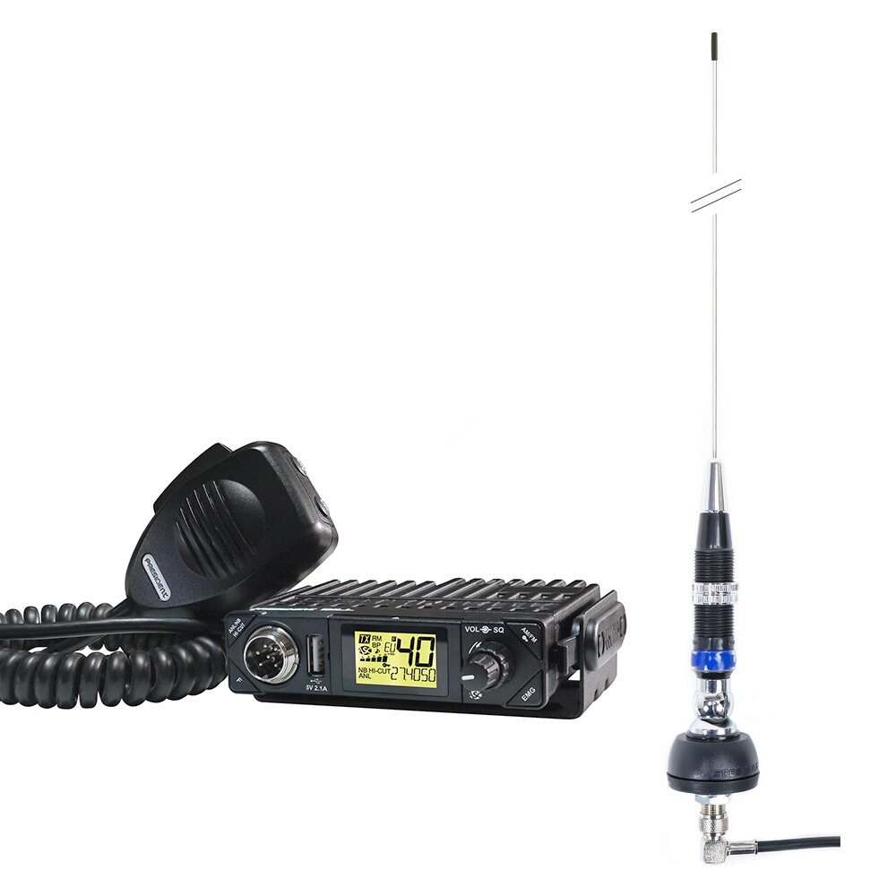 Pachet statie radio CB President Bill ASC, RF Gain, alimentare 12V, port USB + Antena CB President Hawaii 79cm, 50 Ohm, cu cablu si montura fixa