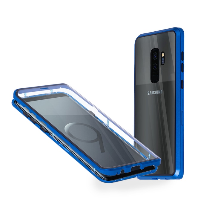 Магнитен 360° калъф за Samsung Galaxy S9 Plus от две части със стъкло отпред и отзад, Алуминиев, Син