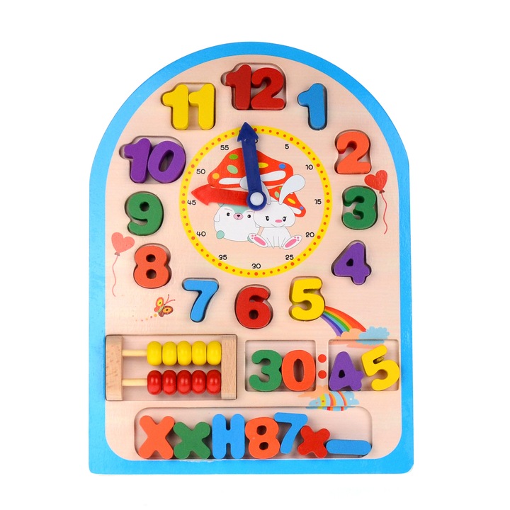 Puzzle matematic cu sorator, numaratoare si ceas, jucarie educativa din lemn cu 27 piese - TW06