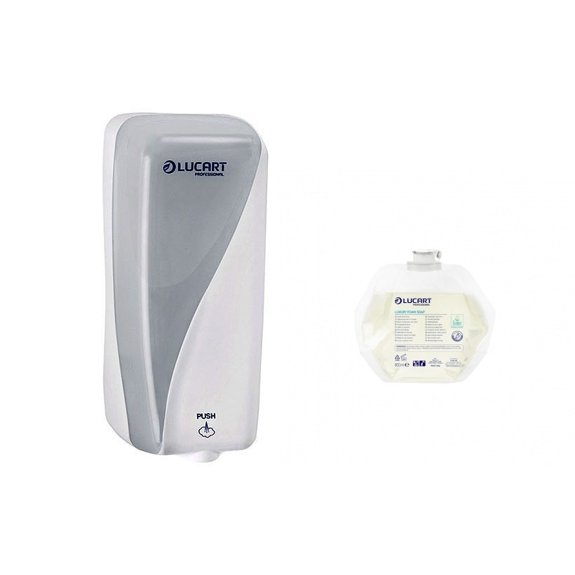 Set dozator sapun spuma si rezerva sapun spuma Lucart, 1 bucata Dozator sapun spuma alb ID 800 ml Identity si 1 bucata Rezerva sapun spuma dozator ID 800ml, Lucart