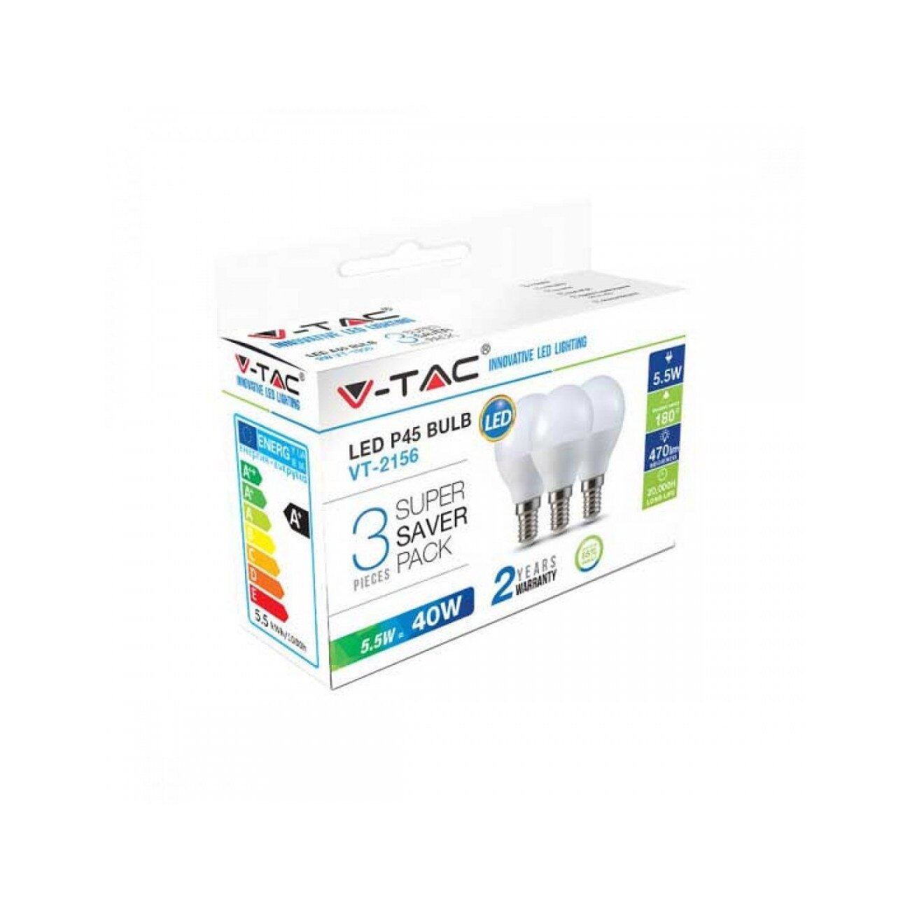 Set 3 becuri led, sferice, E14, 5.5W(40W), lumina alba naturala, 470 lm, A+, V-TAC