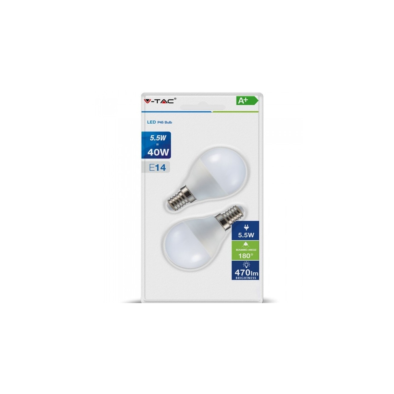 Set 2 becuri led, sferice, E27, 5.5W(40W), lumina alba naturala, 470 lm, A+, V-TAC