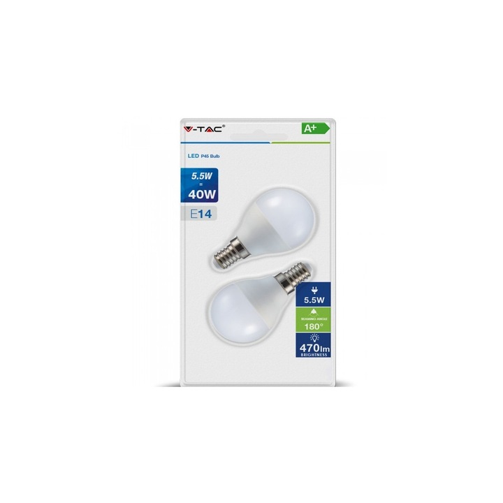 Set 2 becuri led, sferice, E27, 5.5W(40W), lumina alba naturala, 470 lm, A+, V-TAC