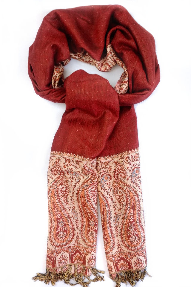 Esarfa casmir Cara, oriental floral, rosu grena, 70x200cm