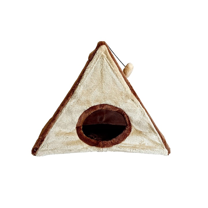Culcus tip casuta pentru pisici, cu jucarii, inaltime 35 cm, pliabil, bej