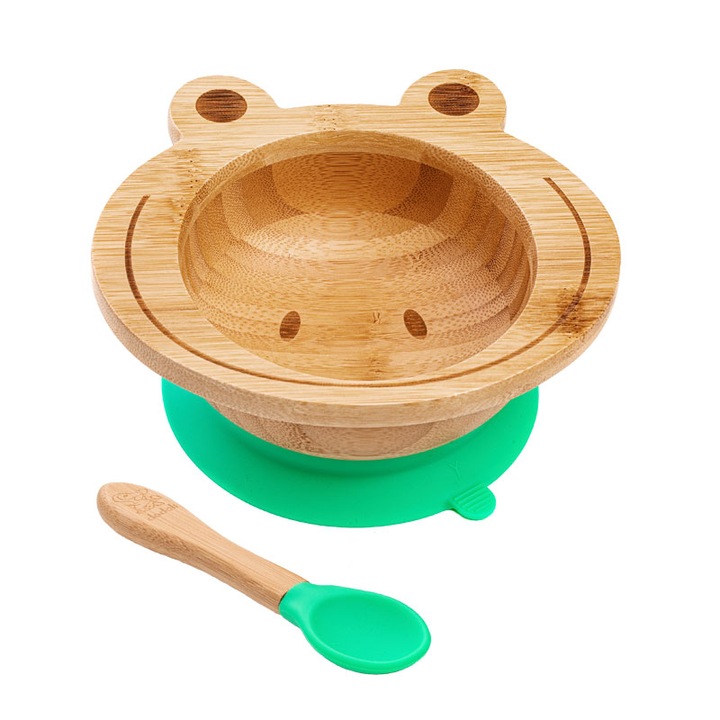 Dodoli Frog Bambusz baba tál, csúszásgátló tapadókoronggal, teáskanál, 300ml, zöld