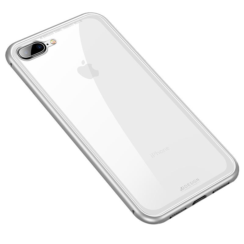 Carcasa din sticla securizata cu rama magnetica pentru iPhone 7/8, Argintiu-Transparent