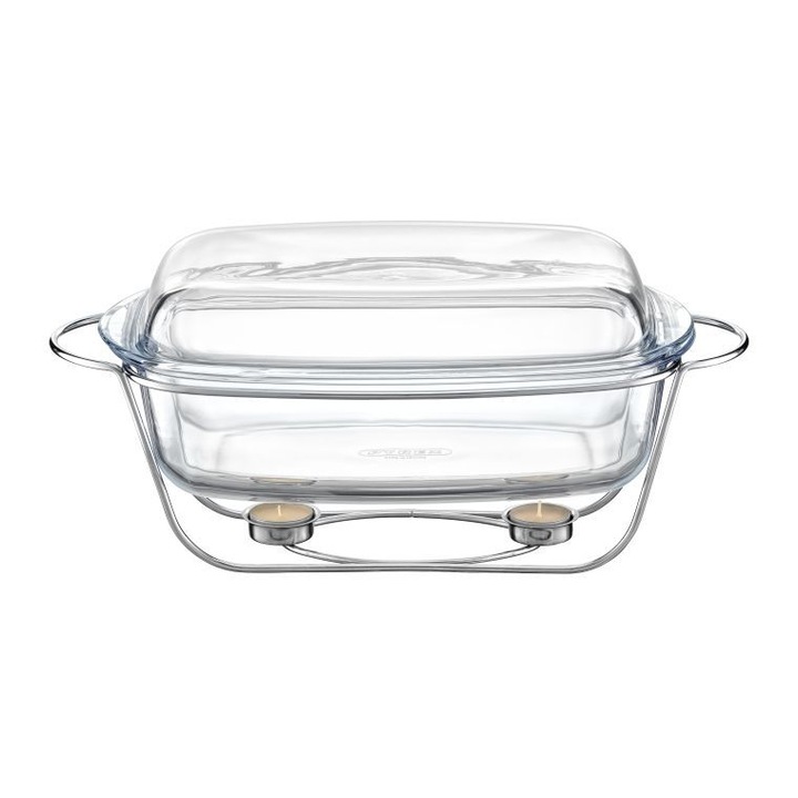 Tava dreptunghiulara si termorezistenta cu capac pentru cuptor si servire bufet, 7L, chafing dish cu lumanare, Ambition Saule