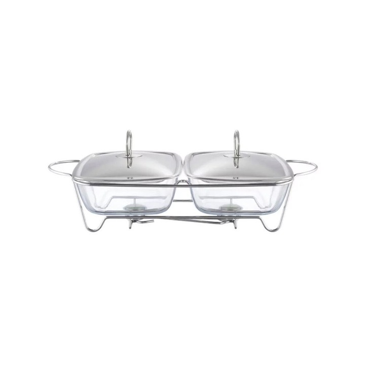 Tava patrata si termorezistenta cu capac pentru cuptor si servire bufet, 2x2.5L, chafing dish cu lumanare, Ambition Helios