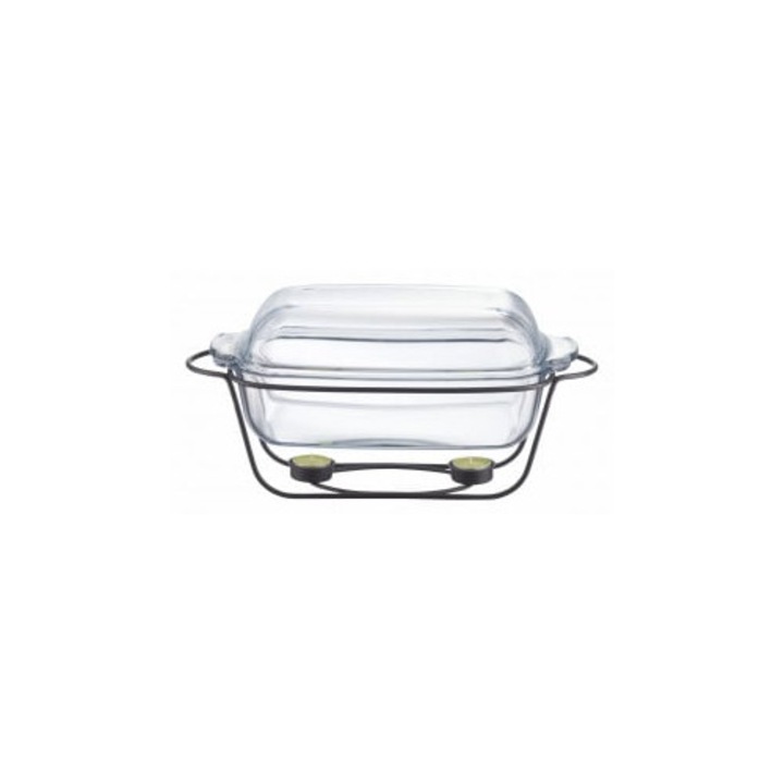 Tava dreptunghiulara si termorezistenta cu capac pentru cuptor si servire bufet, 5.3L, chafing dish cu lumanare, suport negru, Ambition Saule