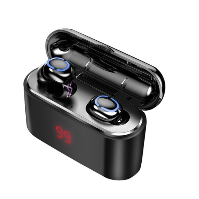 Casti Wireless Q32L TWS Techstar®, Bluetooth 5.0, Conectiune Instanta, Display, Waterproof IPX5, 1500mAh, Touch, Negru Lucios