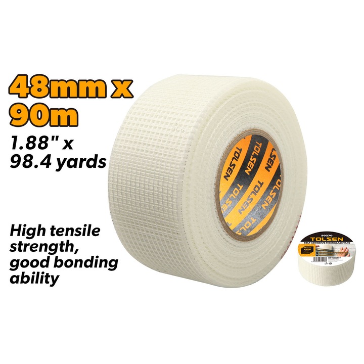 Banda din fibra de sticla autoadeziva TOLSEN 48 mm x 90 m, rezistenta la intindere, coroziune si substante chimice, ideala pentru etansarea placilor de gips-carton si consolidarea materialelor​