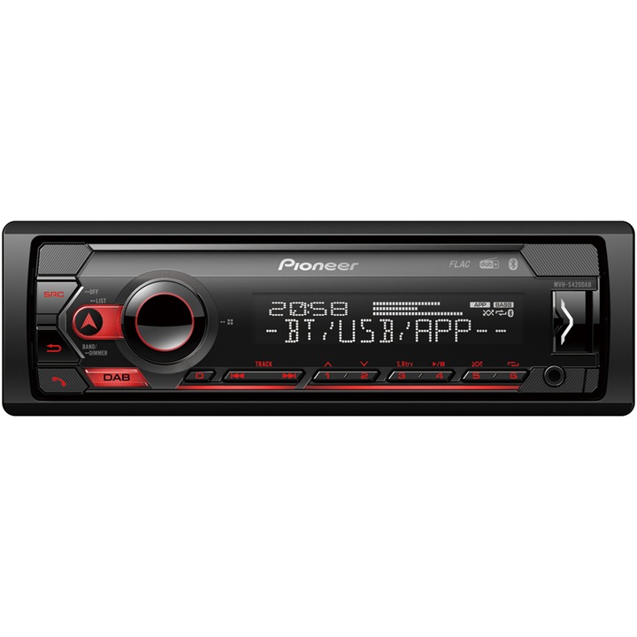 Радио MP3 плеър за кола Pioneer MVH-S420DAB, 1DIN, Bluetooth, DAB/DAB+, Spotify, 4x50W, USB, Съвместим с Apple/Android устройства, Червени бутони, Дисплей Бял
