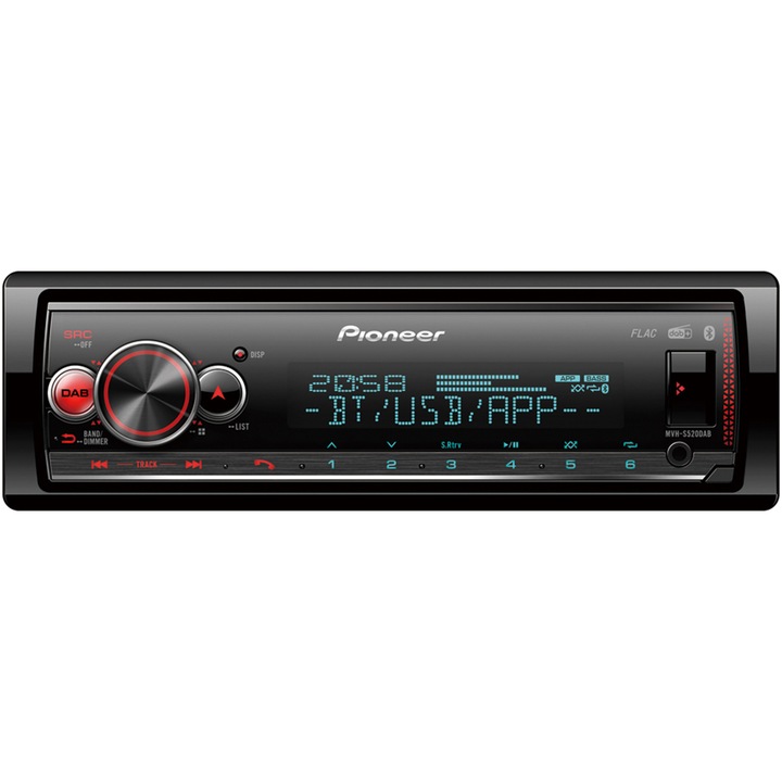 Радио MP3 плеър за кола Pioneer MVH-S520DAB, 1DIN, Bluetooth, DAB/DAB+, Spotify, 4x50W, USB, Съвместим с Apple/Android устройства, Многоцветно осветление