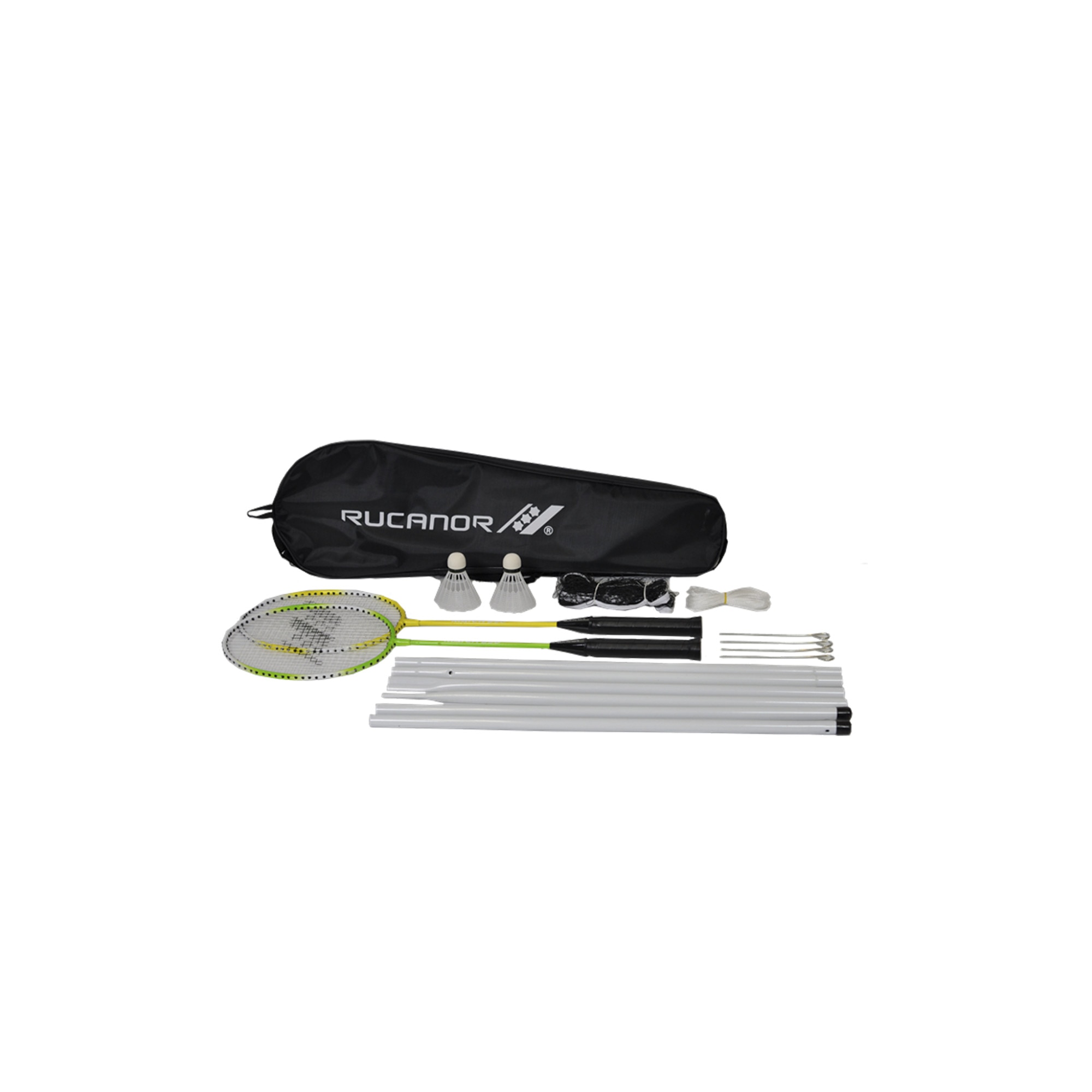 Set 2 Rachete Badminton Rucanor Match 250, 2 Fluturasi si Fileu, Multicolor