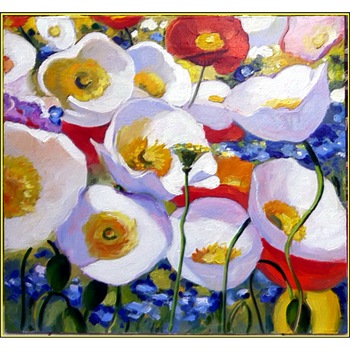 Tablou floral cu camp de maci albi si rosii, pictura peisaj cu flori de primavara, dimensiune 45x42 cm, tehnica pictura manuala in ulei pe panza, Mainframe. Tablou floral cu camp de maci albi si rosii, pictura peisaj cu flori de primavara, dimensiune 45x42 cm, tehnica pictura manuala in ulei pe panza, Mainframe.