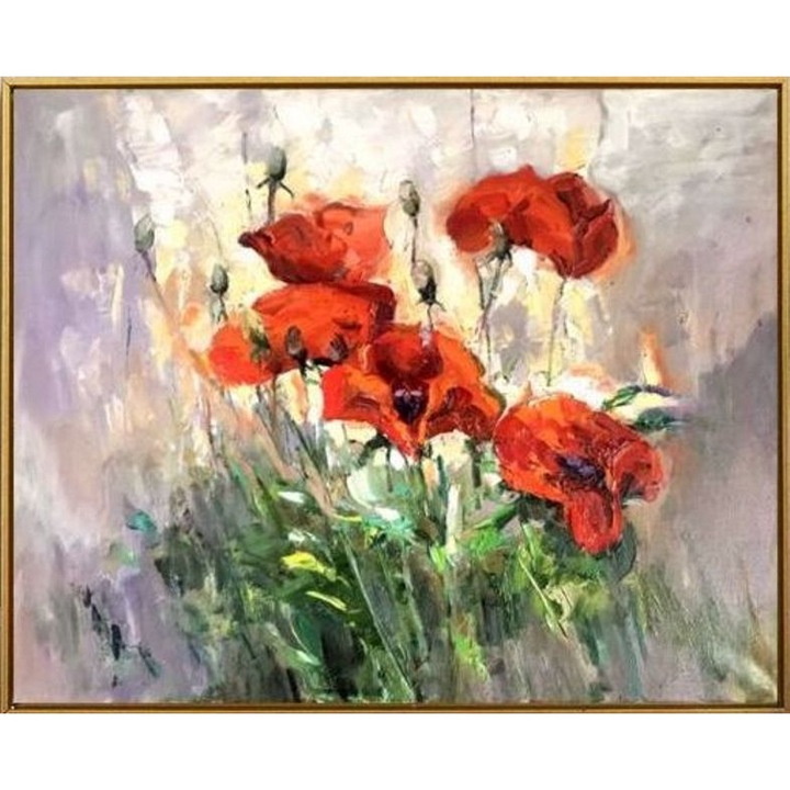 Tablou pictat manual ulei pe panza cu flori de maci, pictura peisaj de vara, dimensiune 65x55 cm