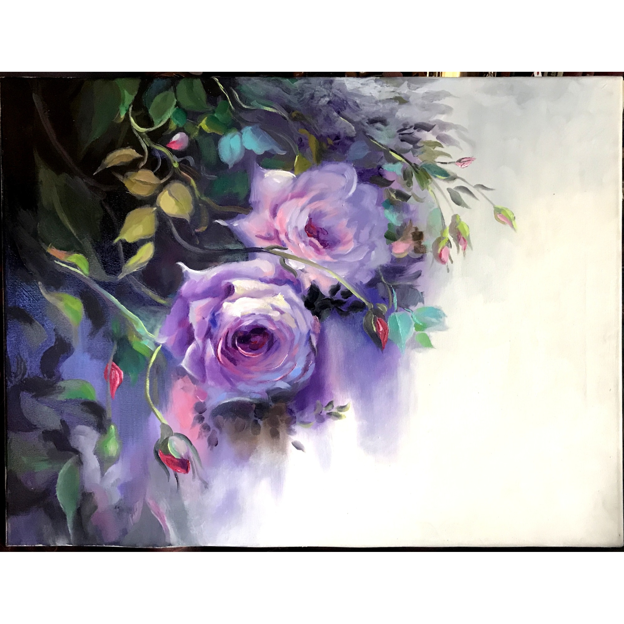 Tablou cu peisaj vara si trandafiri mov, pictura florala shabby chic, dimensiune 60x45 cm, tehnica pictura manuala in ulei pe panza, Mainframe.