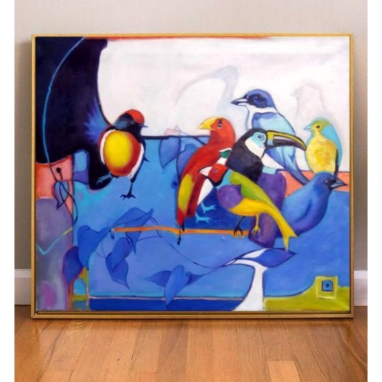 Tablou abstract multicor, Pictura peisaj de vara cu pasari si flori, dimensiune 55x65 cm, tehnica pictura manuala in ulei pe panza, Mainframe