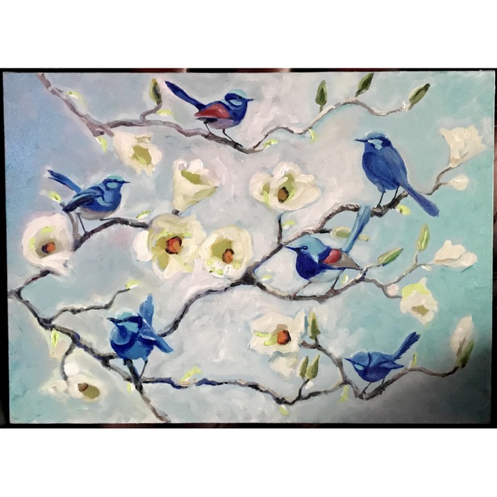 Tablou floral pictat manual cu peisaj de primavara, Pictura cu pasari colibrii si flori de magnolii, dimensiune 48x33 cm