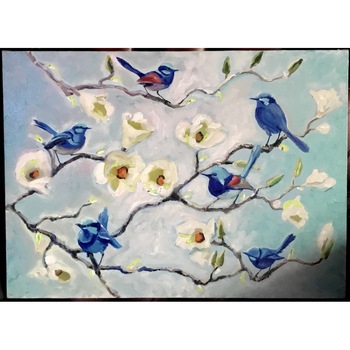 Tablou floral cu peisaj primavara, Pictura cu pasari colibrii si flori de magnolii, dimensiune 48x33 cm, tehnica pictura manuala in ulei pe panza, Mainframe. Tablou floral cu peisaj primavara, Pictura cu pasari colibrii si flori de magnolii, dimensiune 48x33 cm, tehnica pictura manuala in ulei pe panza, Mainframe.