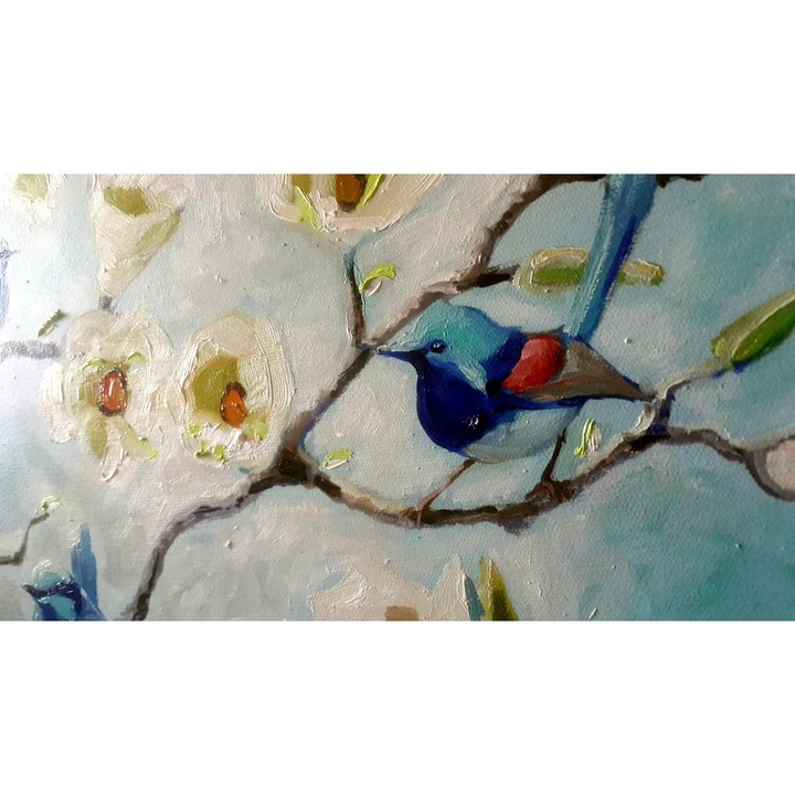 Tablou floral pictat manual cu peisaj de primavara, Pictura cu pasari colibrii si flori de magnolii, dimensiune 48x33 cm